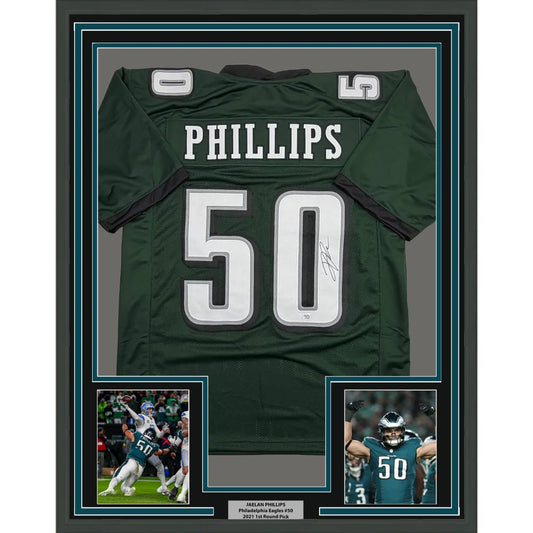 Framed Autographed Jaelan Phillips 35x39 Philadelphia Midnight Green Football Jersey PSA/DNA COA | Hall of Fame Sports Memorabilia | vintageantiquesgifts.com