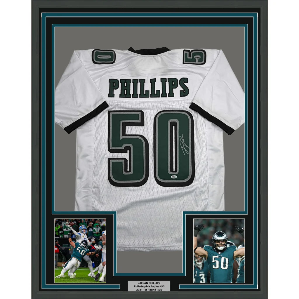 Framed autographed Jaelan Phillips Philadelphia Eagles white jersey back, #50