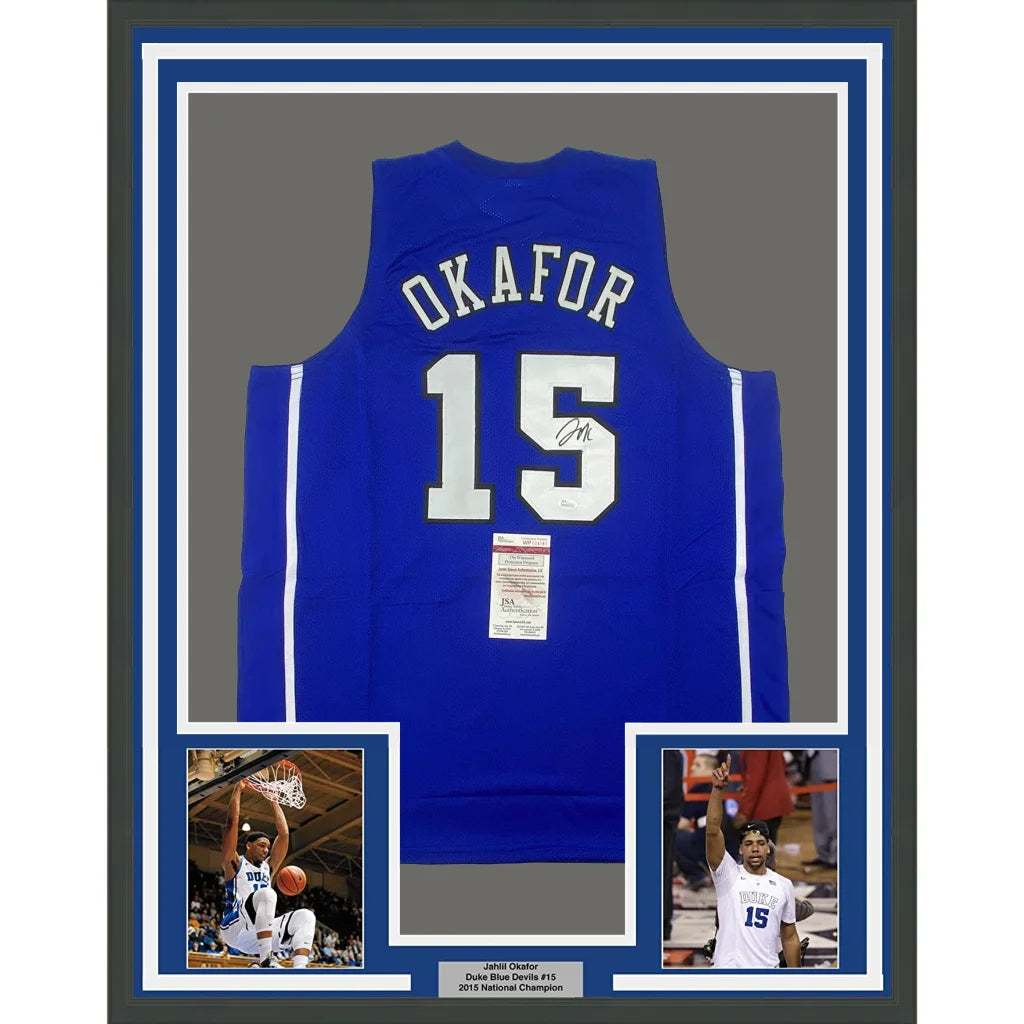 Framed signed Jahlil Okafor Duke Blue Devils jersey with player photos and championship plaque