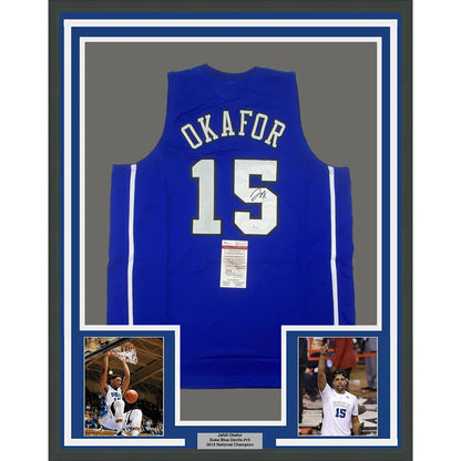 Framed signed Jahlil Okafor Duke Blue Devils jersey with player photos and championship plaque