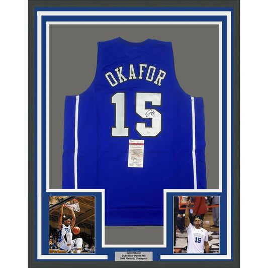 Framed signed Jahlil Okafor Duke Blue Devils jersey with player photos and championship plaque