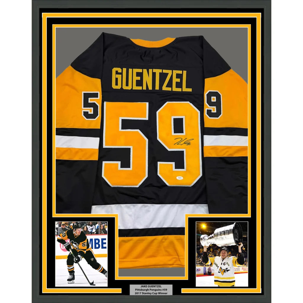 Framed Autographed Jake Guentzel 35x39 Pittsburgh Black Hockey Jersey JSA COA | Hall of Fame Sports Memorabilia | vintageantiquesgifts.com