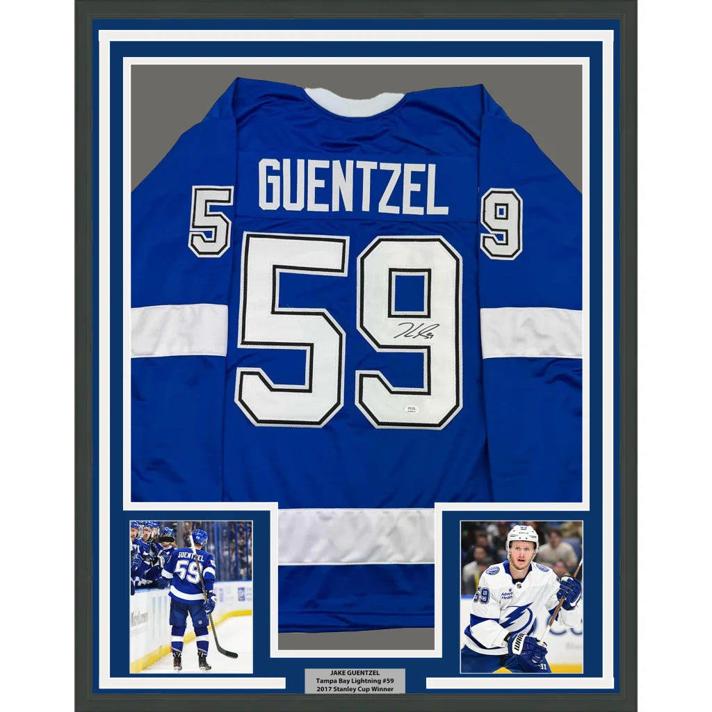 Framed Autographed Jake Guentzel 35x39 Tampa Bay Blue Hockey Jersey PSA COA | Hall of Fame Sports Memorabilia | vintageantiquesgifts.com