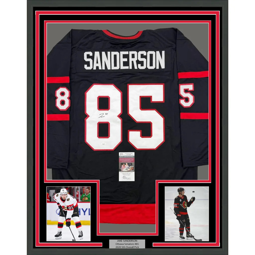 Framed Autographed Jake Sanderson 35x39 Ottawa Black Hockey Jersey JSA COA | Hall of Fame Sports Memorabilia | vintageantiquesgifts.com