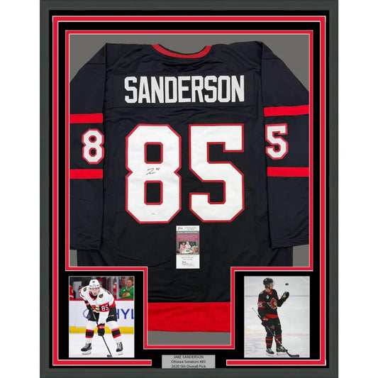 Framed Autographed Jake Sanderson 35x39 Ottawa Black Hockey Jersey JSA COA | Hall of Fame Sports Memorabilia | vintageantiquesgifts.com