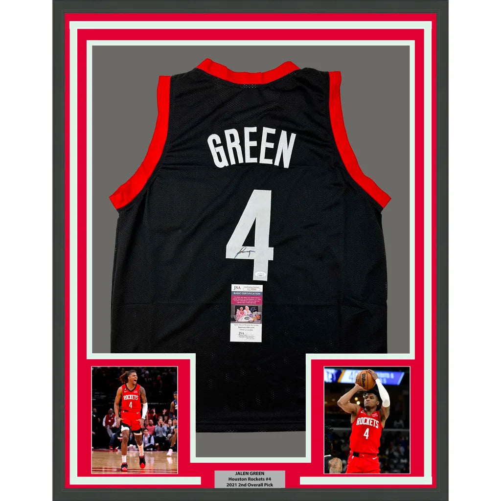 Framed autographed Jalen Green Houston Rockets black jersey with number 4, JSA COA