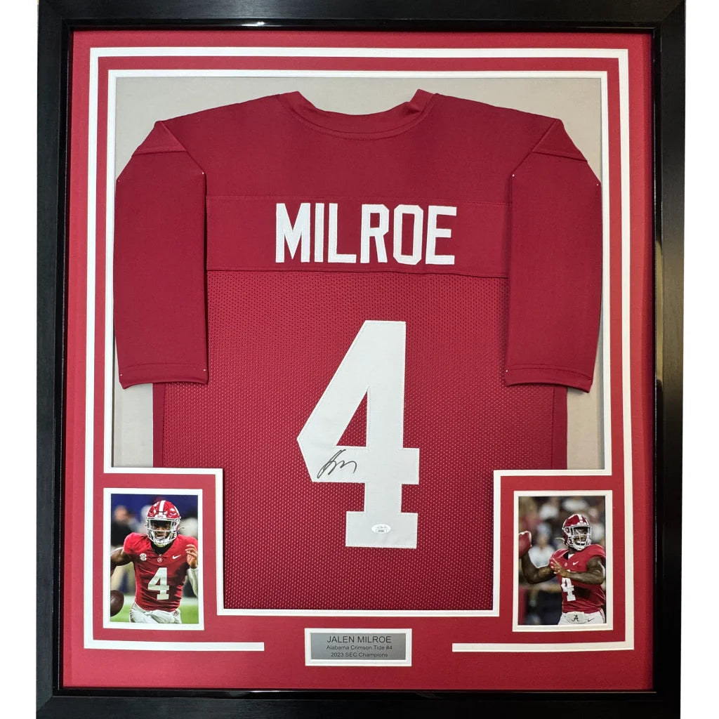 Framed autographed Jalen Milroe Alabama Crimson Tide football jersey ready to display