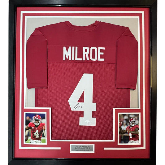 Framed autographed Jalen Milroe Alabama Crimson Tide football jersey ready to display