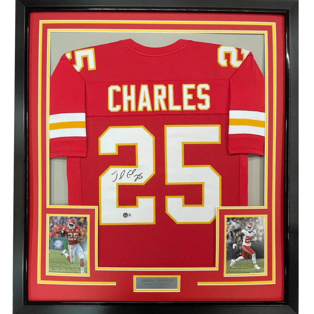 Framed autographed red kansas city chiefs football jersey with white and gold charles 25 lettering signed by jamaal charles