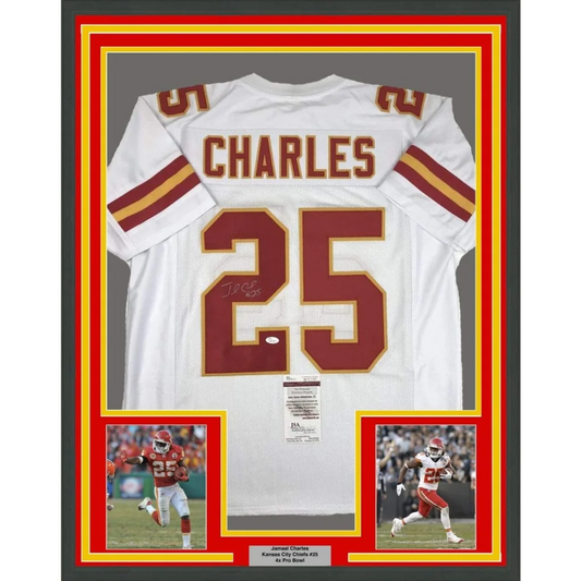 Back side of a framed autographed white kansas city chiefs football jersey with maroon and gold charles 25 lettering