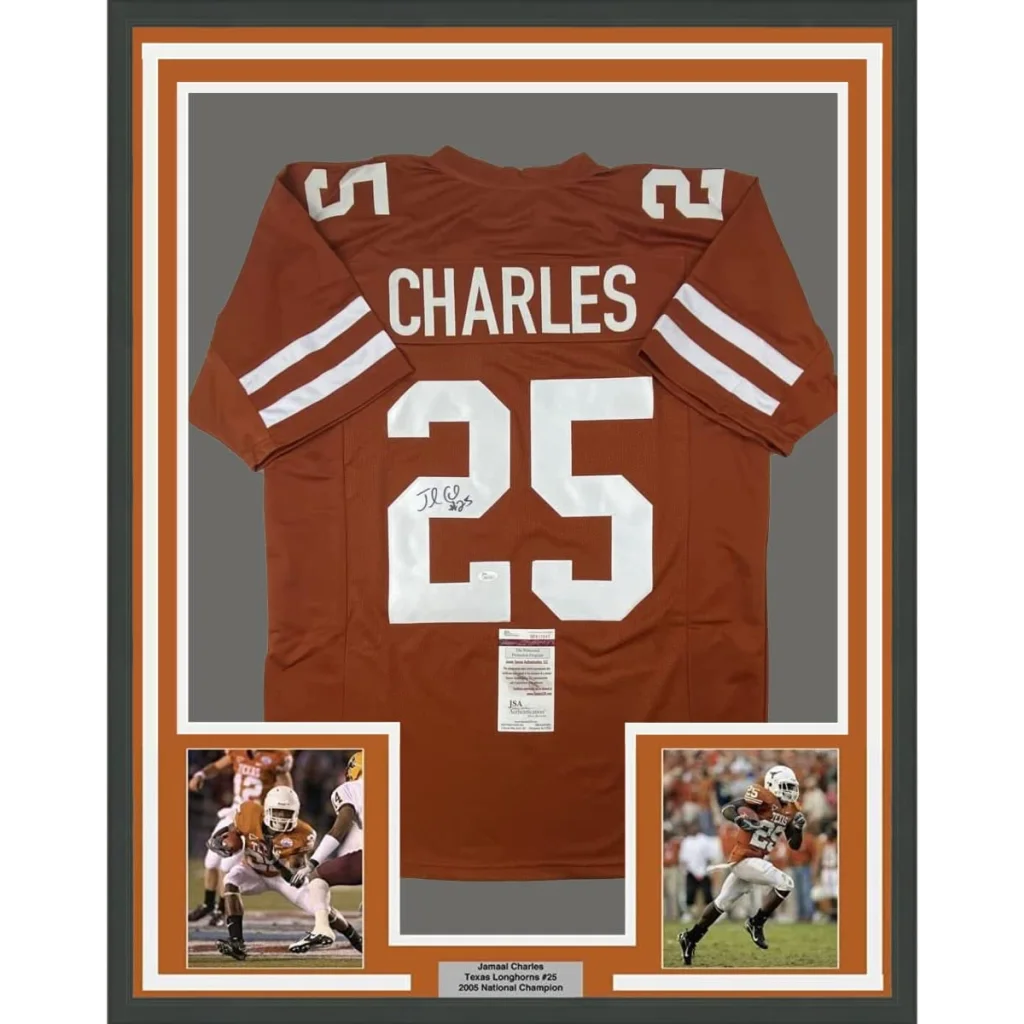 Framed custom texas longhorns professional sports jersey in burnt orange with white charles 25 lettering and stripes