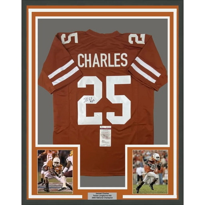 Framed custom texas longhorns professional sports jersey in burnt orange with white charles 25 lettering and stripes