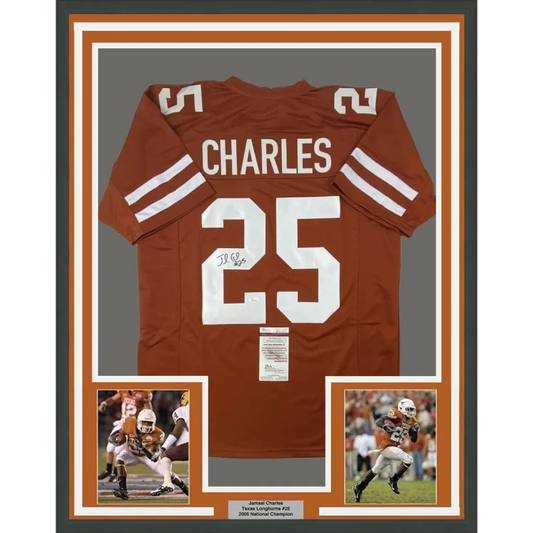 Framed custom texas longhorns professional sports jersey in burnt orange with white charles 25 lettering and stripes