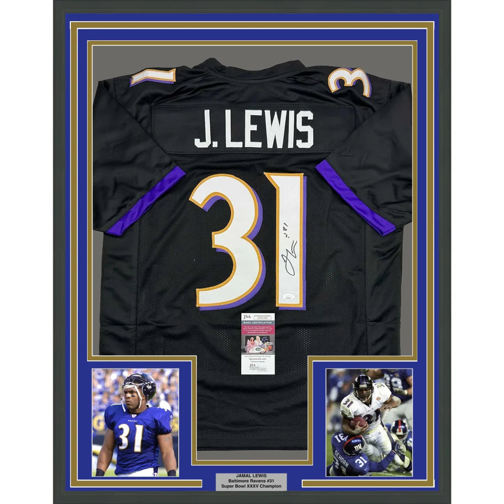 Framed Ray Lewis Ravens jersey with photos and championship plaque for display