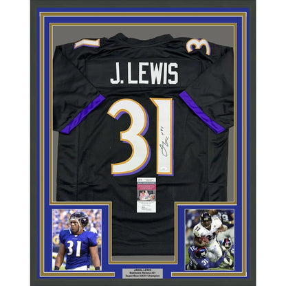Framed Ray Lewis Ravens jersey with photos and championship plaque for display