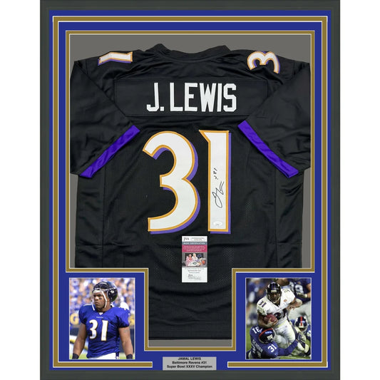 Framed Ray Lewis Ravens jersey with photos and championship plaque for display