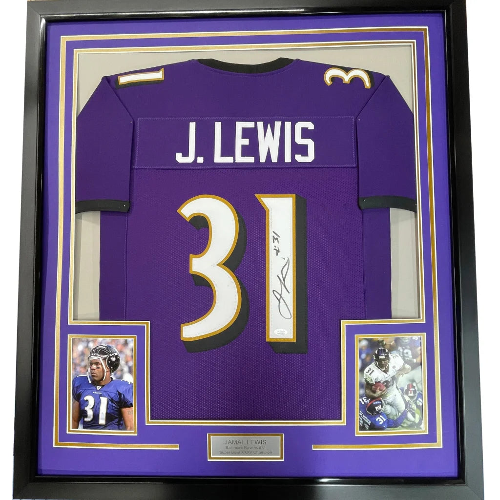 Jamal Lewis professionally framed Ravens jersey with autograph and player photos