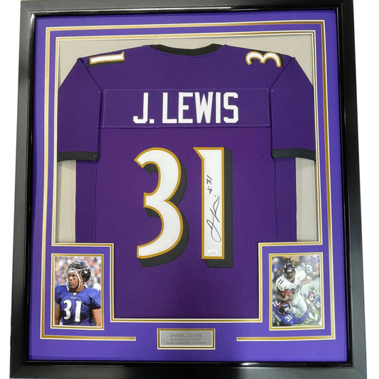 Jamal Lewis professionally framed Ravens jersey with autograph and player photos