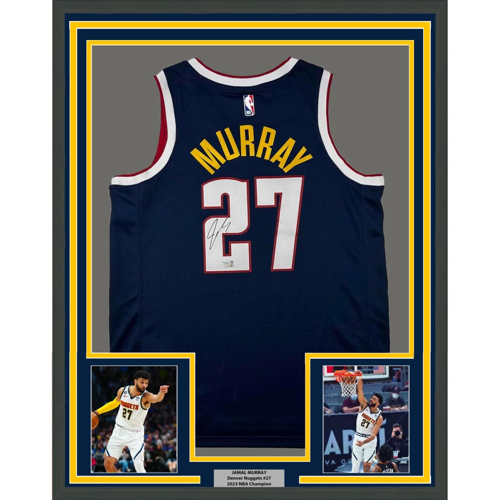 Framed autographed Jamal Murray Denver Nuggets jersey with photos on display