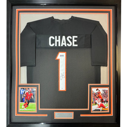 Framed autographed Ja’Marr Chase black Cincinnati Bengals jersey with white Chase and number 1, JSA COA