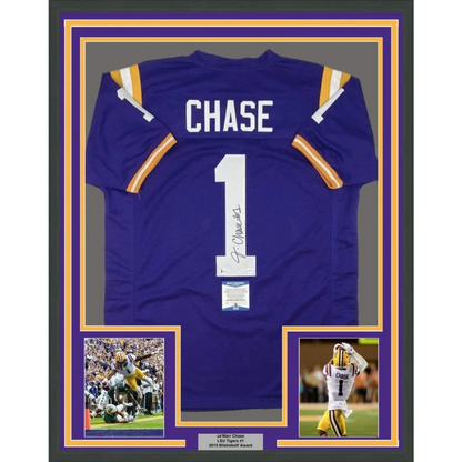 Back of framed autographed Ja’Marr Chase LSU purple jersey with Chase 1, Beckett BAS COA