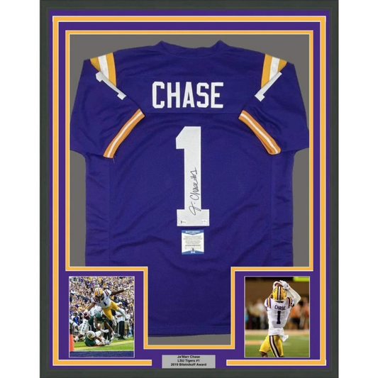 Back of framed autographed Ja’Marr Chase LSU purple jersey with Chase 1, Beckett BAS COA