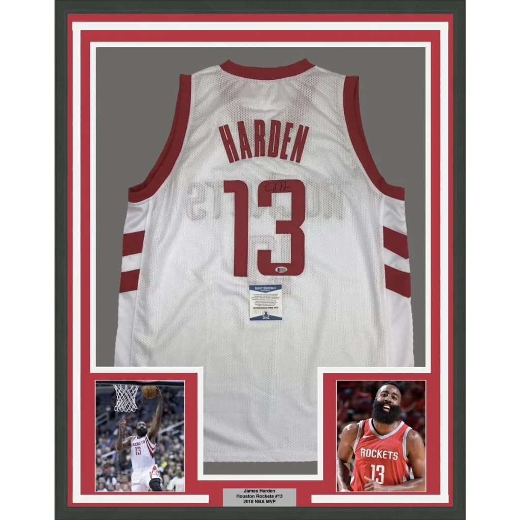 Framed James Harden Houston Rockets jersey with player photos for sale