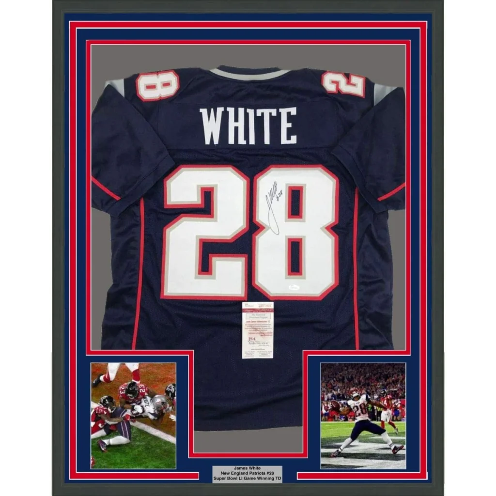 Back of navy blue New England Patriots football jersey with white and red trim signed by James White number 28