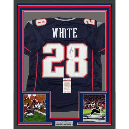 Back of navy blue New England Patriots football jersey with white and red trim signed by James White number 28