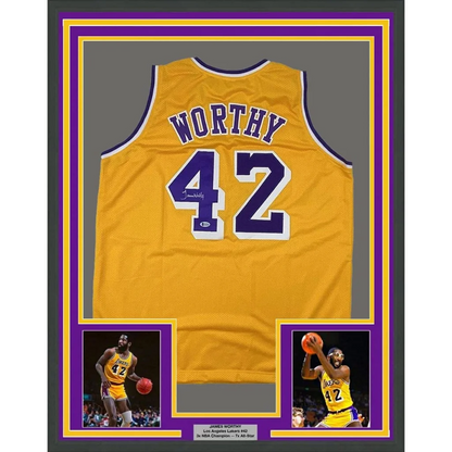 Framed Autographed James Worthy 35x39 Los Angeles LA Yellow Basketball Jersey Beckett BAS COA | Hall of Fame Sports Memorabilia | vintageantiquesgifts.com
