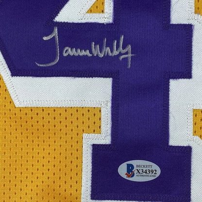 Framed Autographed James Worthy 35x39 Los Angeles LA Yellow Basketball Jersey Beckett BAS COA | Certified Authentic Signed Memorabilia | vintageantiquesgifts.com