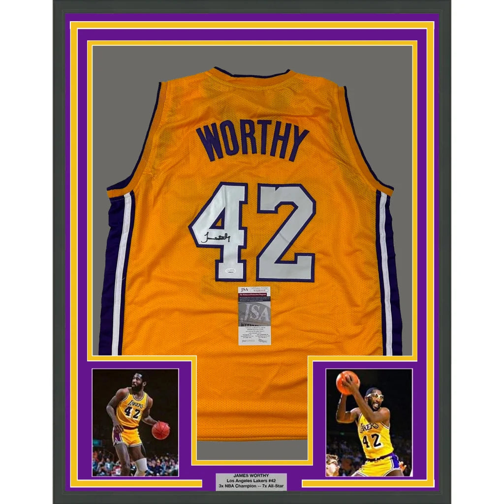 Framed James Worthy Lakers jersey with JSA COA, perfect man cave showpiece