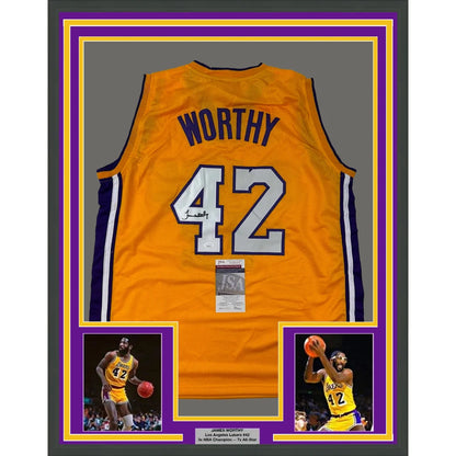 Framed James Worthy Lakers jersey with JSA COA, perfect man cave showpiece