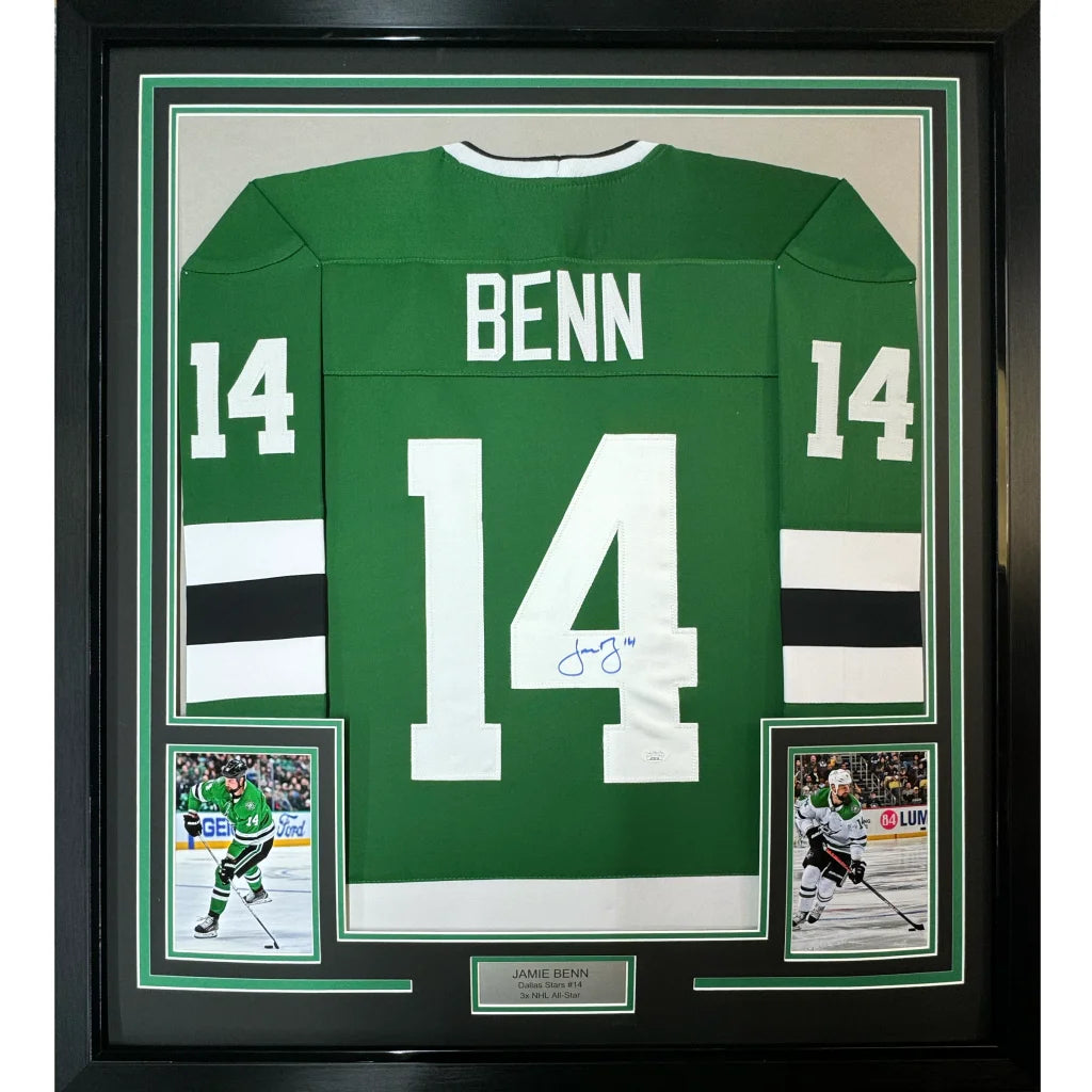 Framed Autographed Jamie Benn 35x39 Dallas Green Retro Hockey Jersey JSA COA | Hall of Fame Sports Memorabilia | vintageantiquesgifts.com