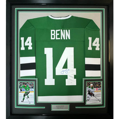 Framed Autographed Jamie Benn 35x39 Dallas Green Retro Hockey Jersey JSA COA | Hall of Fame Sports Memorabilia | vintageantiquesgifts.com