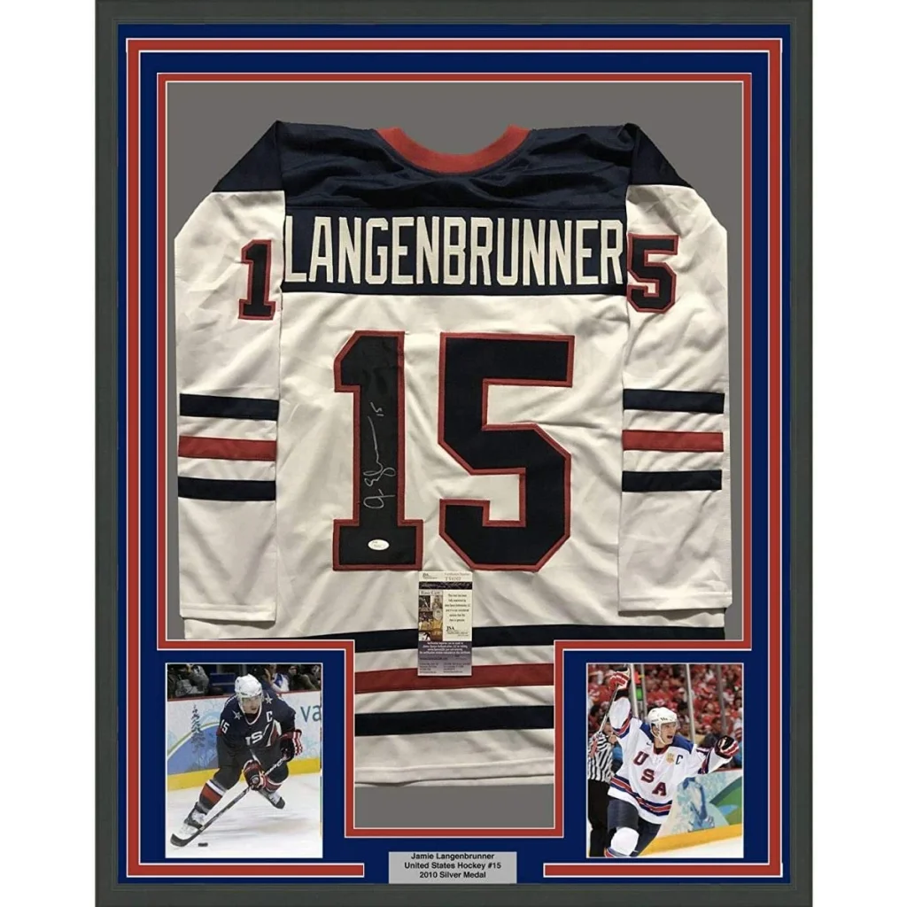 Framed Jamie Langenbrunner Team USA hockey jersey with photos for your man cave decor