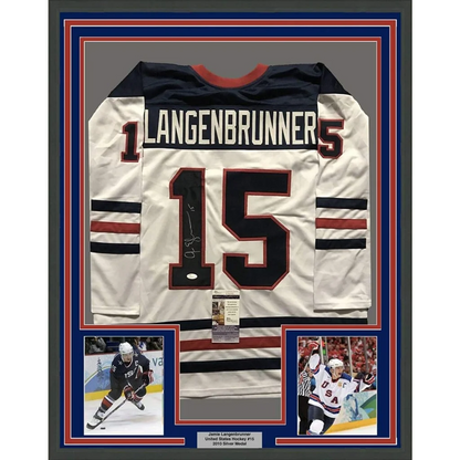 Framed Autographed Jamie Langenbrunner 35x39 Team USA United States White Hockey Jersey JSA COA | Hall of Fame Sports Memorabilia | vintageantiquesgifts.com