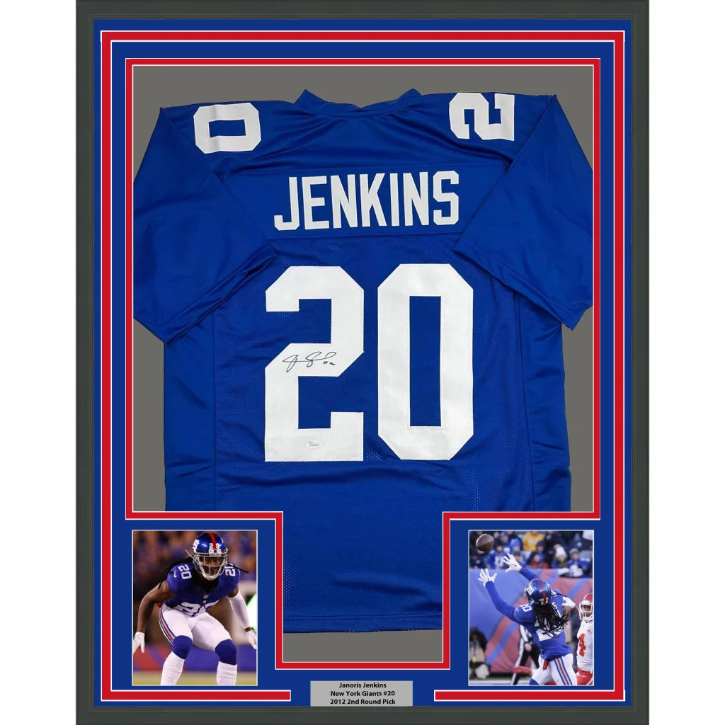 Framed Autographed Janoris Jenkins Jackrabbit 35x39 New York Blue Football Jersey JSA COA | Hall of Fame Sports Memorabilia | vintageantiquesgifts.com