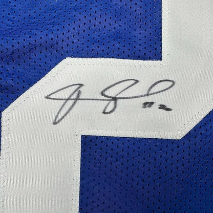Framed Autographed Janoris Jenkins Jackrabbit 35x39 New York Blue Football Jersey JSA COA | Certified Authentic Signed Memorabilia | vintageantiquesgifts.com
