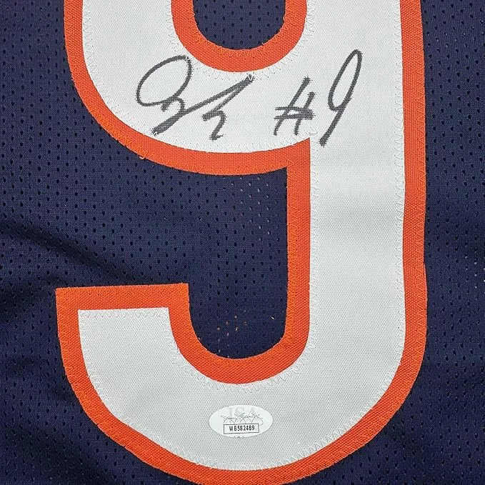 Framed Autographed Jaquan Brisker 35x39 Chicago Blue Football Jersey JSA COA | Certified Authentic Signed Memorabilia | vintageantiquesgifts.com