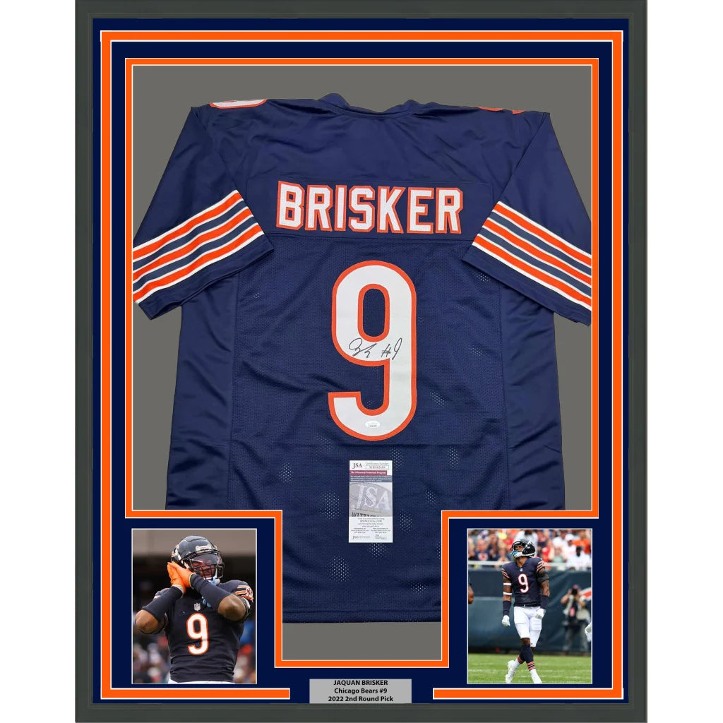 Framed Autographed Jaquan Brisker 35x39 Chicago Blue Football Jersey JSA COA | Hall of Fame Sports Memorabilia | vintageantiquesgifts.com