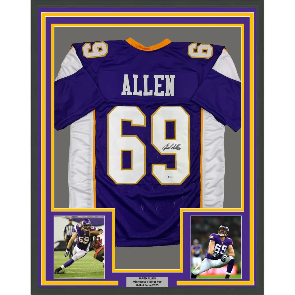 Framed Autographed Jared Allen 35x39 Minnesota Purple Football Jersey Beckett BAS COA | Hall of Fame Sports Memorabilia | vintageantiquesgifts.com