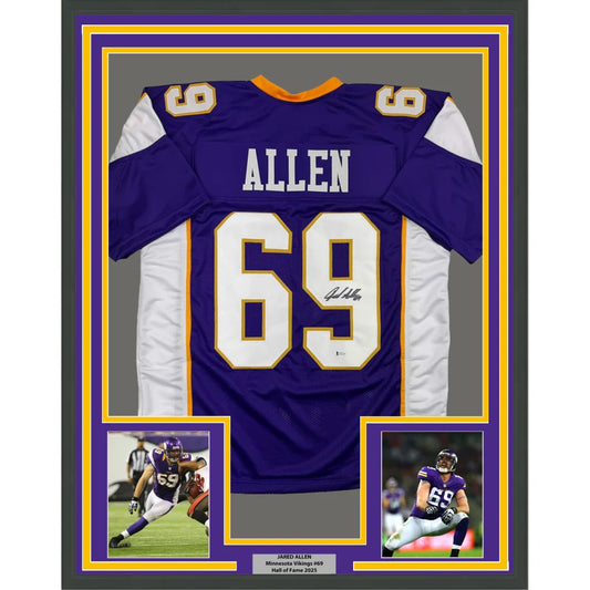 Framed Autographed Jared Allen 35x39 Minnesota Purple Football Jersey Beckett BAS COA | Hall of Fame Sports Memorabilia | vintageantiquesgifts.com