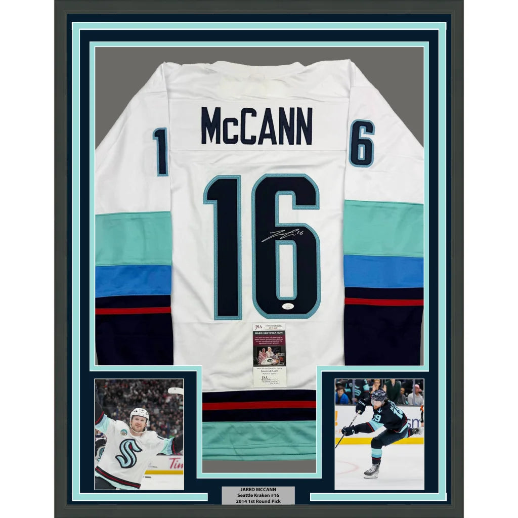 Framed Autographed Jared McCann 35x39 Seattle White Hockey Jersey JSA COA | Hall of Fame Sports Memorabilia | vintageantiquesgifts.com