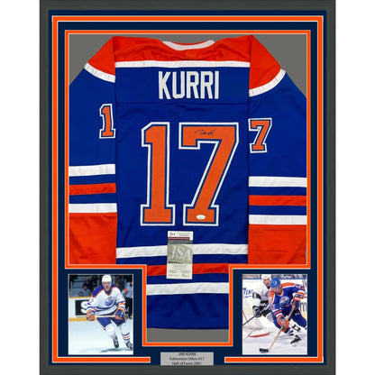 Framed Autographed Jari Kurri 35x39 Edmonton Blue Hockey Jersey JSA COA | Hall of Fame Sports Memorabilia | vintageantiquesgifts.com