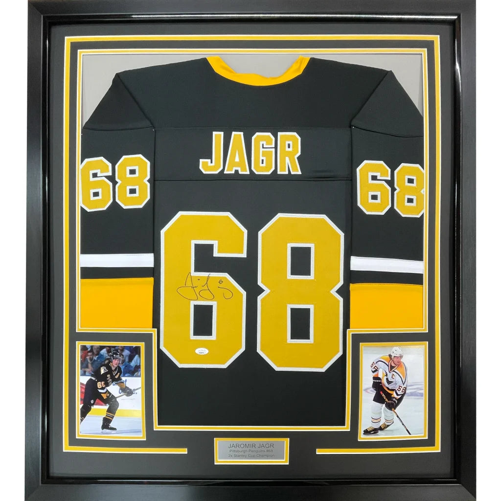 Framed Autographed Jaromir Jagr 35x39 Pittsburgh Black Hockey Jersey JSA COA | Hall of Fame Sports Memorabilia | vintageantiquesgifts.com