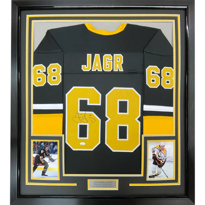 Framed Autographed Jaromir Jagr 35x39 Pittsburgh Black Hockey Jersey JSA COA | Hall of Fame Sports Memorabilia | vintageantiquesgifts.com
