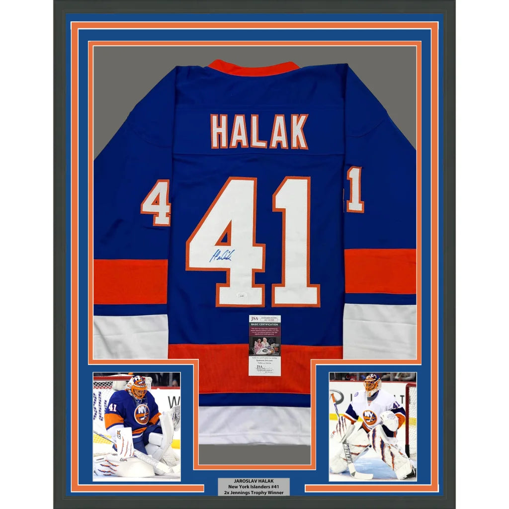 Framed Autographed Jaroslav Halak 35x39 New York Blue Hockey Jersey JSA COA | Hall of Fame Sports Memorabilia | vintageantiquesgifts.com