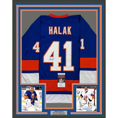 Framed Autographed Jaroslav Halak 35x39 New York Blue Hockey Jersey JSA COA | Hall of Fame Sports Memorabilia | vintageantiquesgifts.com