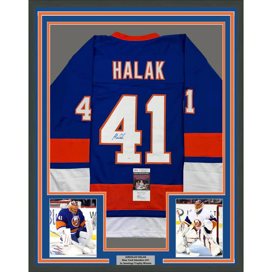 Framed Autographed Jaroslav Halak 35x39 New York Blue Hockey Jersey JSA COA | Hall of Fame Sports Memorabilia | vintageantiquesgifts.com